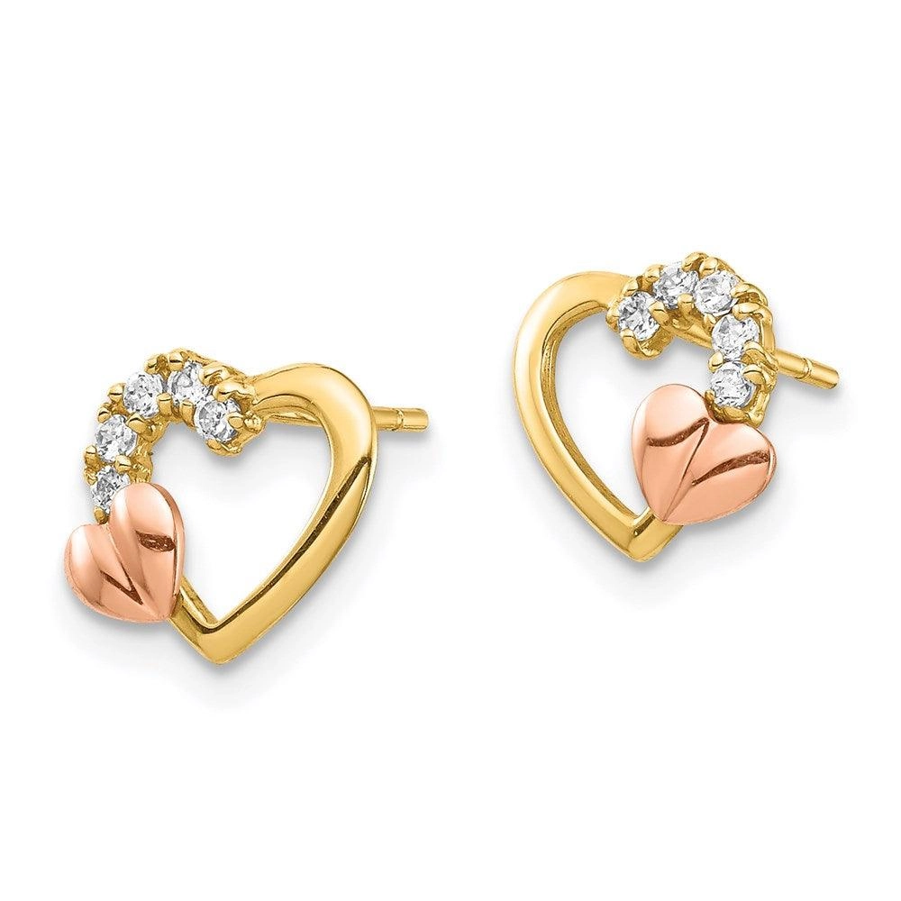14K Two-Tone CZ Heart Post Earrings