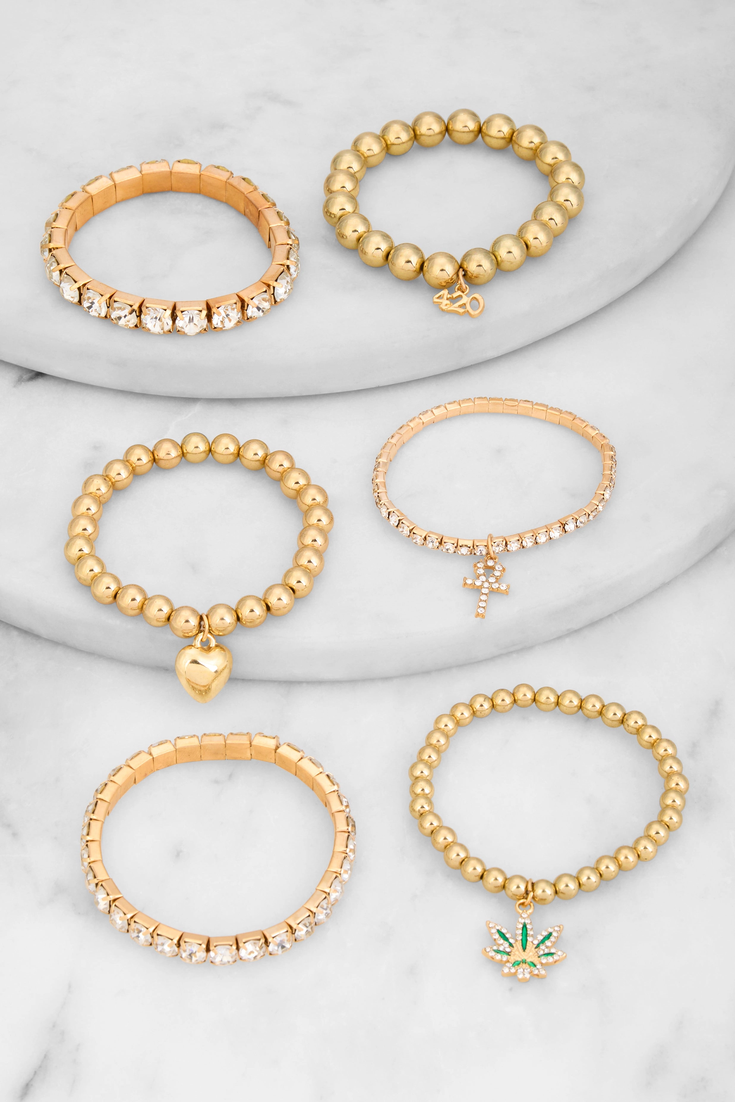 420 Rhinestone Charm Stretch Bracelets Set of 6