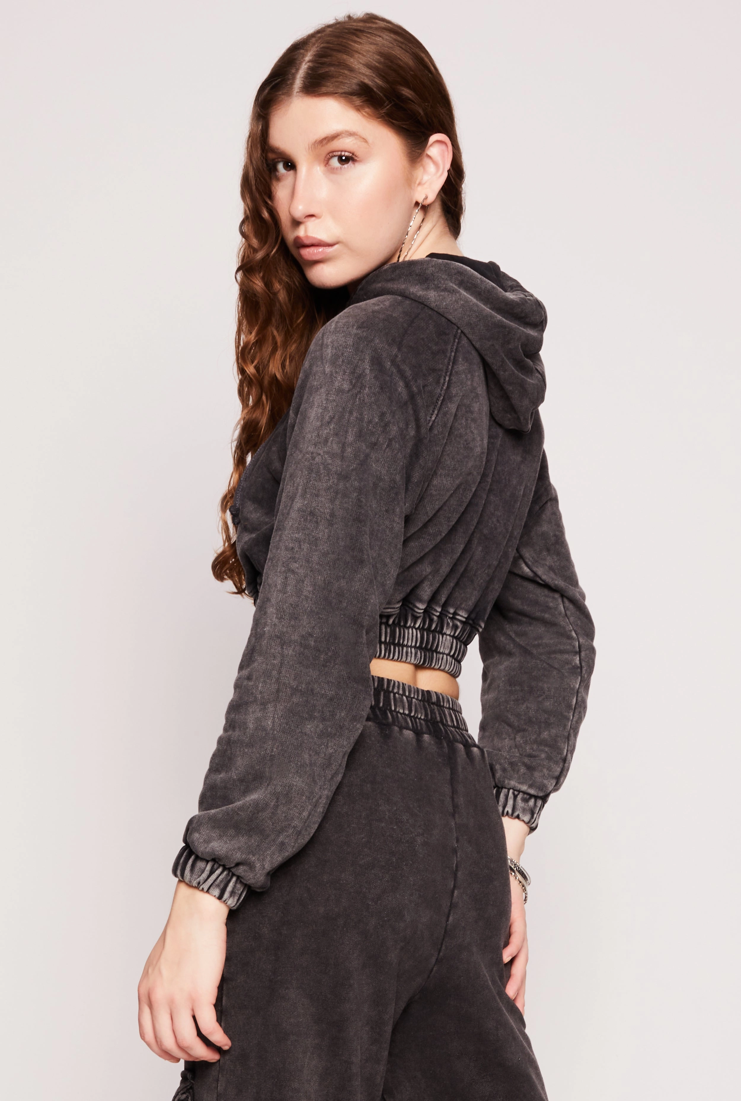 Acid Wash Elastic Hem Cropped Hoodie