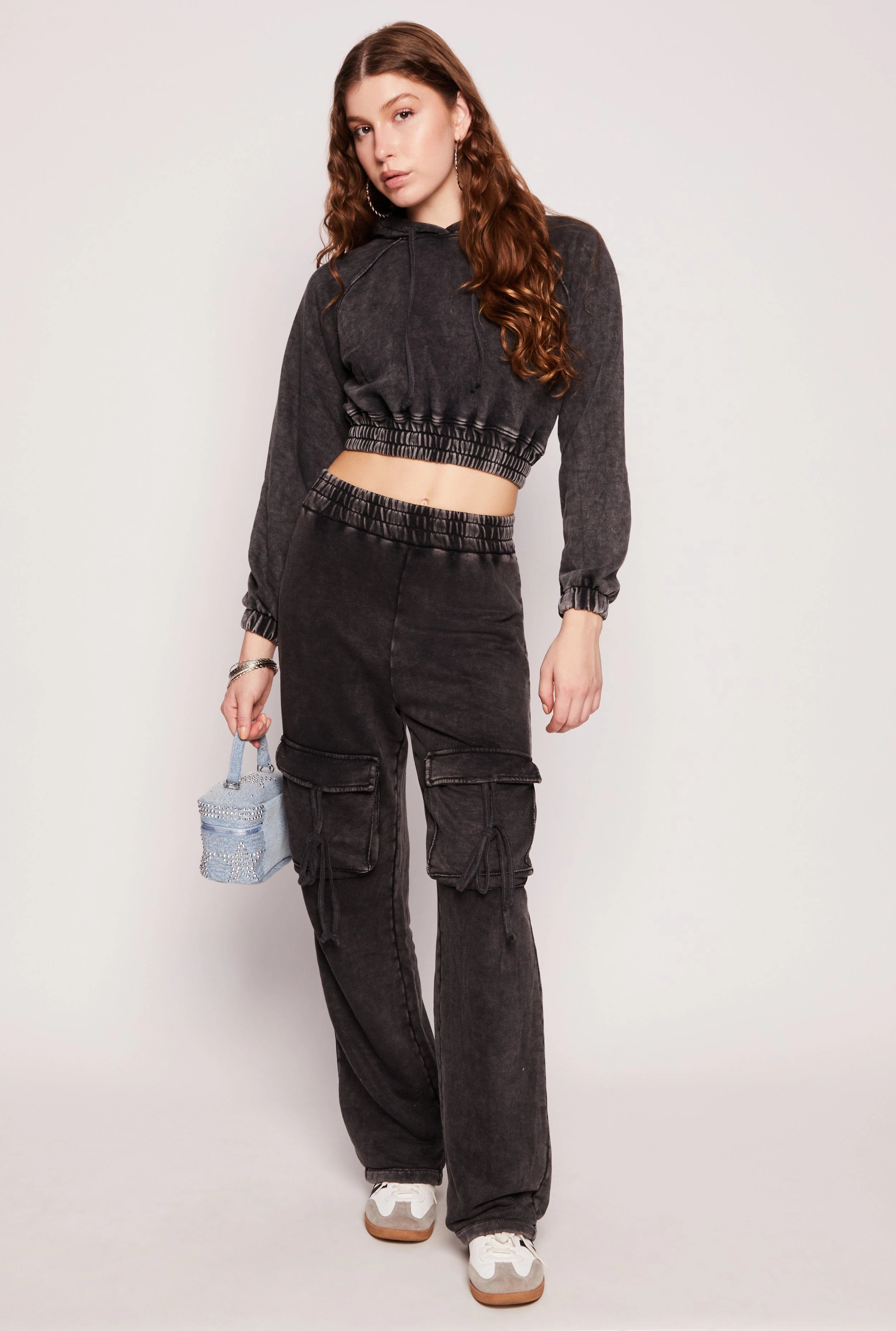 Acid Wash Elastic Hem Cropped Hoodie