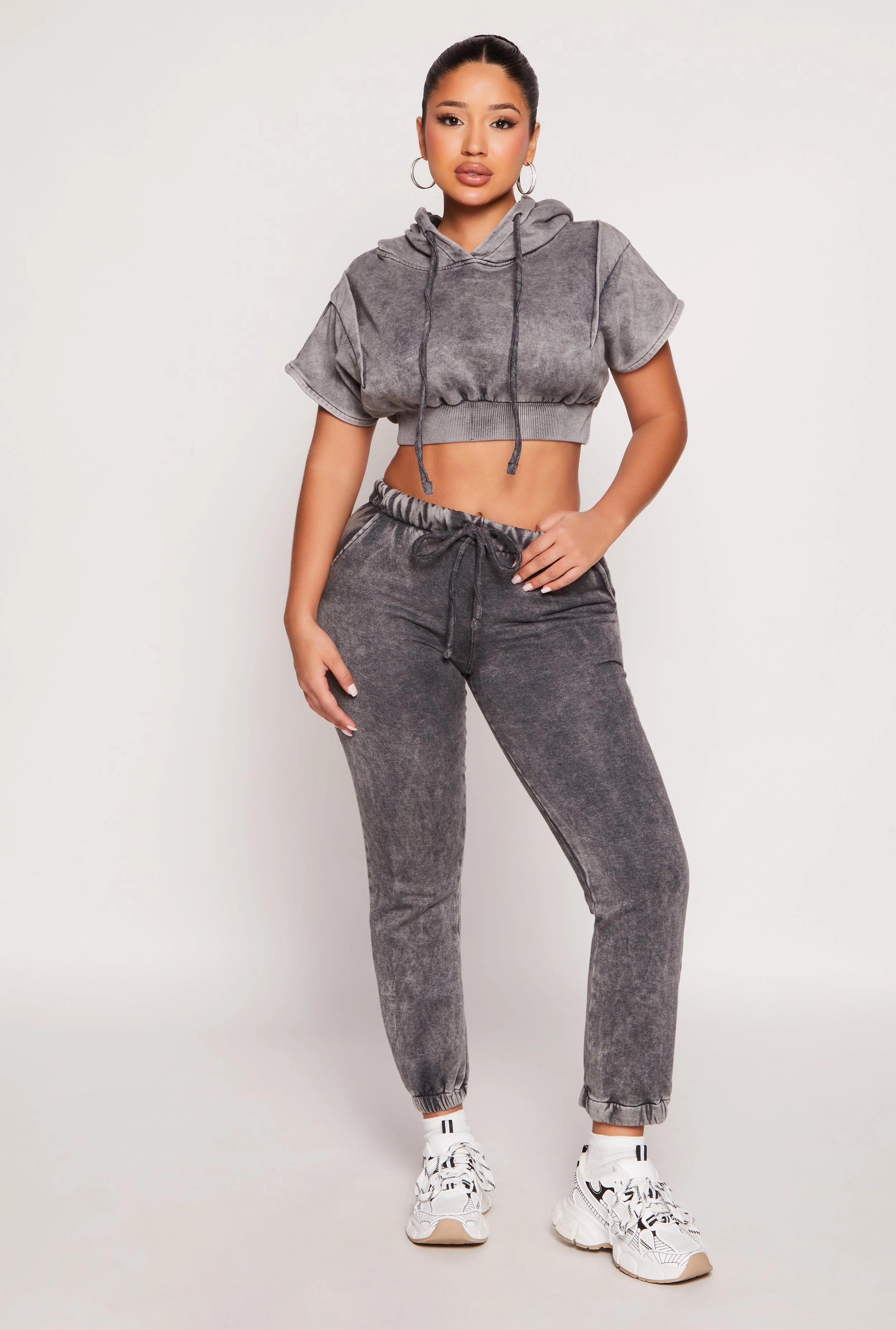 Acid Wash Short Sleeve Cropped Hoodie