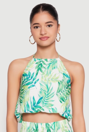 Almost Famous Plisse Tropical Print Cropped Halter Top