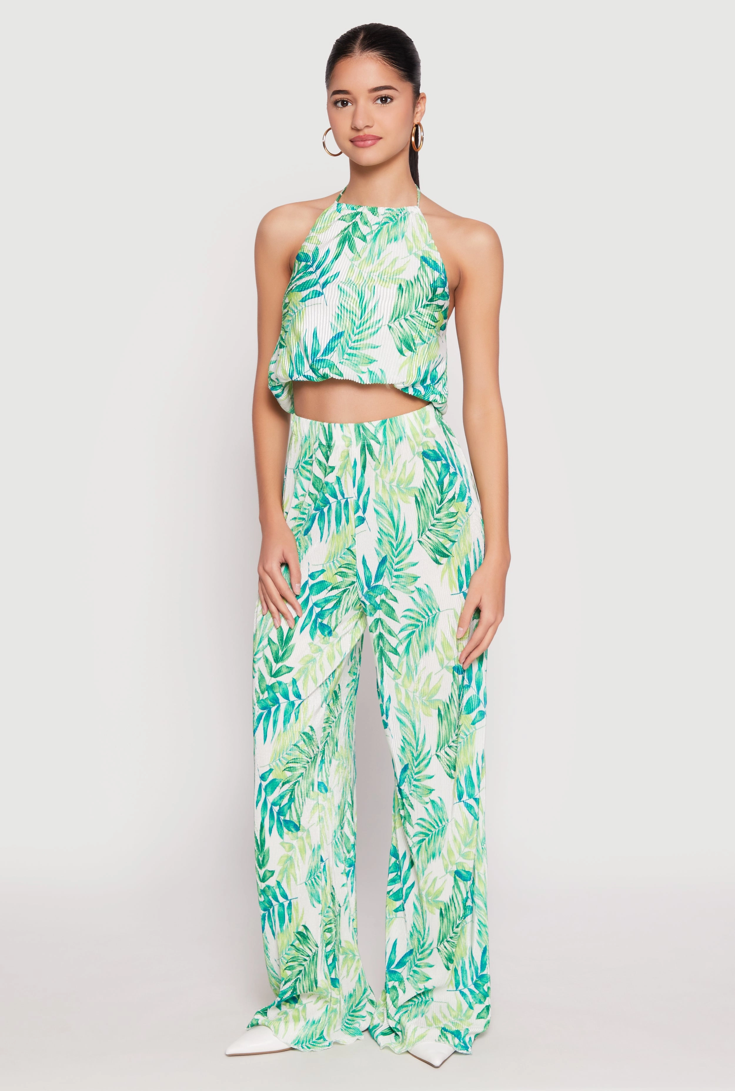 Almost Famous Plisse Tropical Print Cropped Halter Top