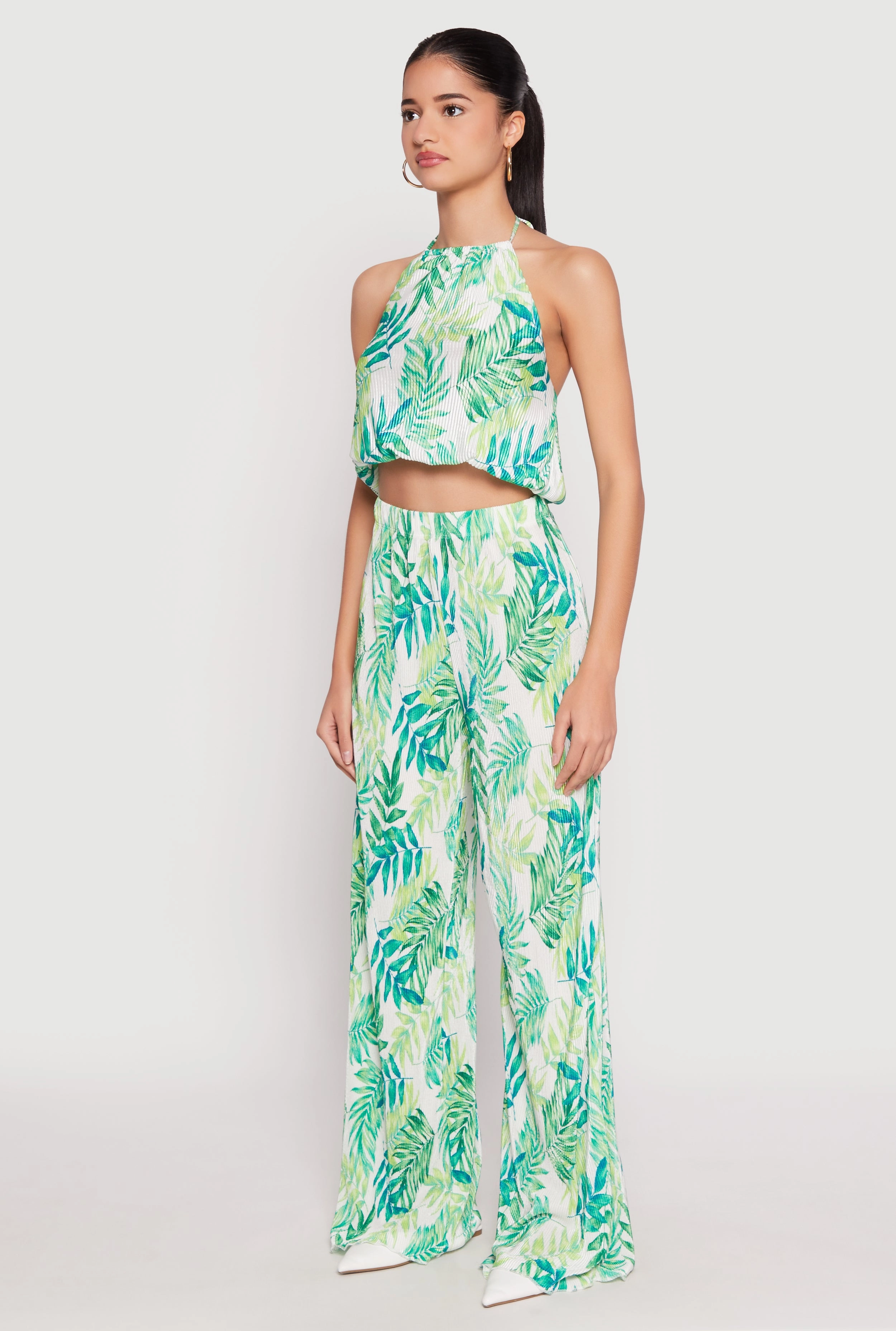 Almost Famous Plisse Tropical Print Cropped Halter Top