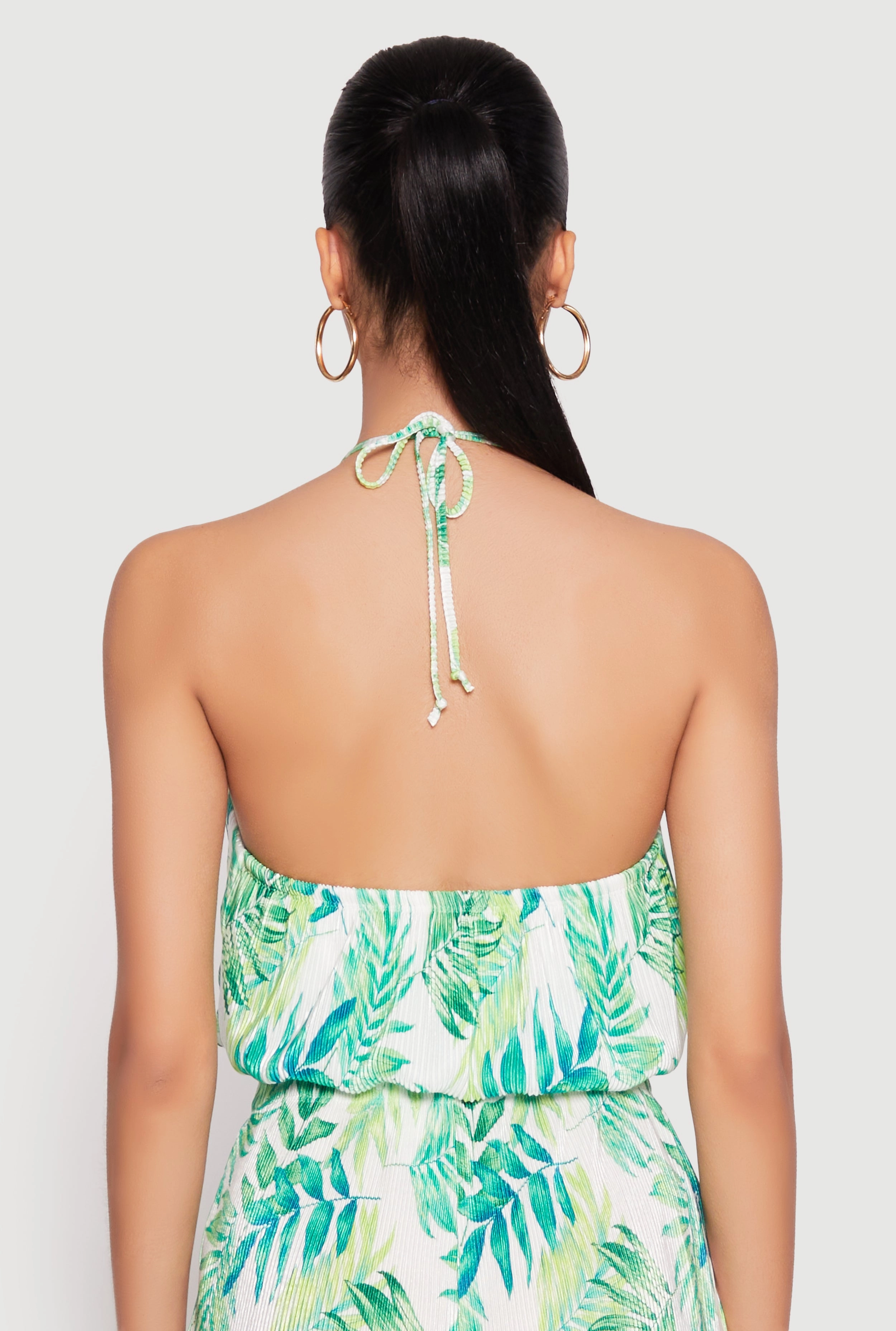 Almost Famous Plisse Tropical Print Cropped Halter Top