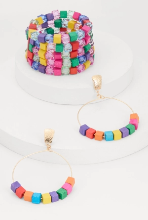 Beaded Layered Stretch Bracelet and Hoop Earrings
