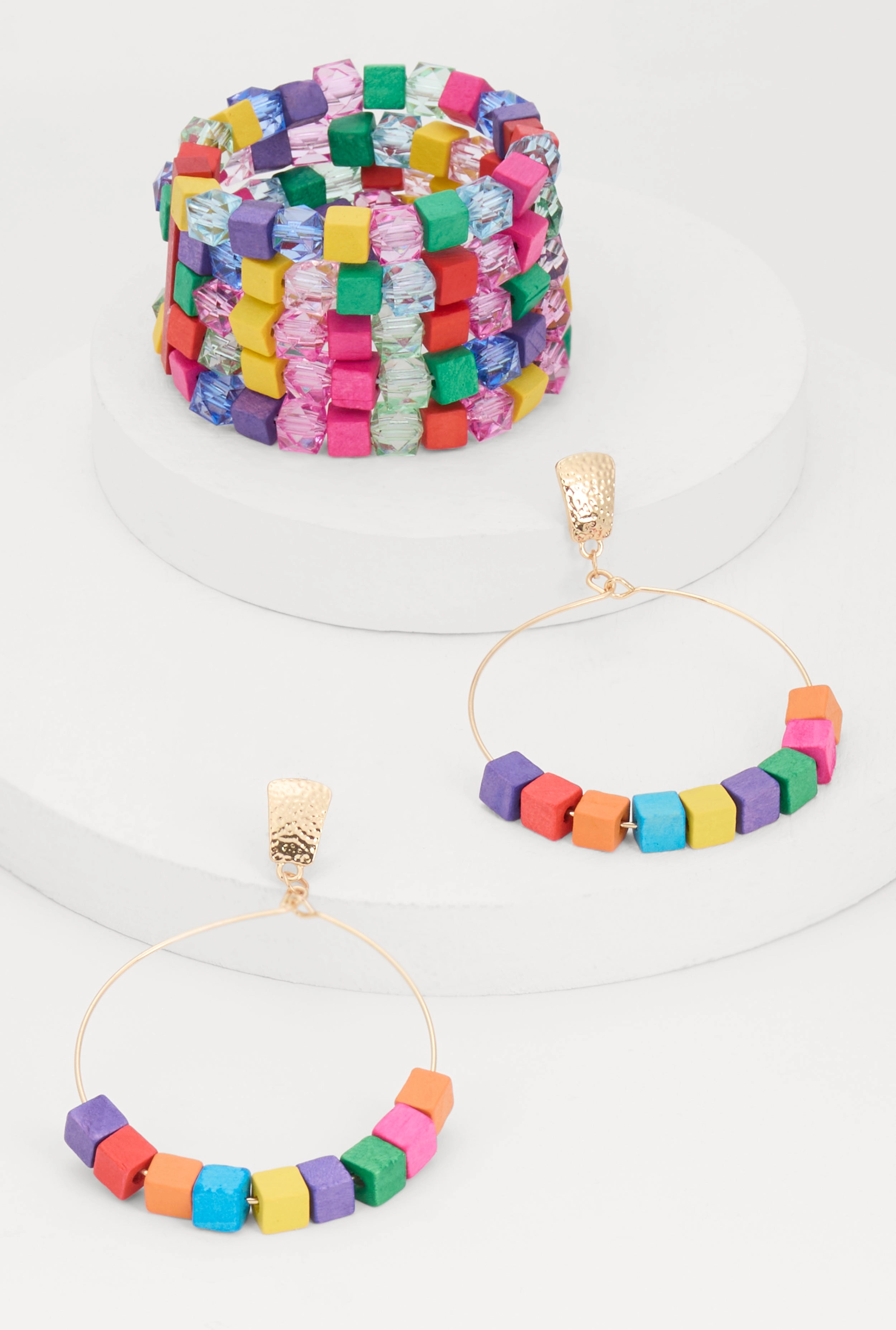 Beaded Layered Stretch Bracelet and Hoop Earrings