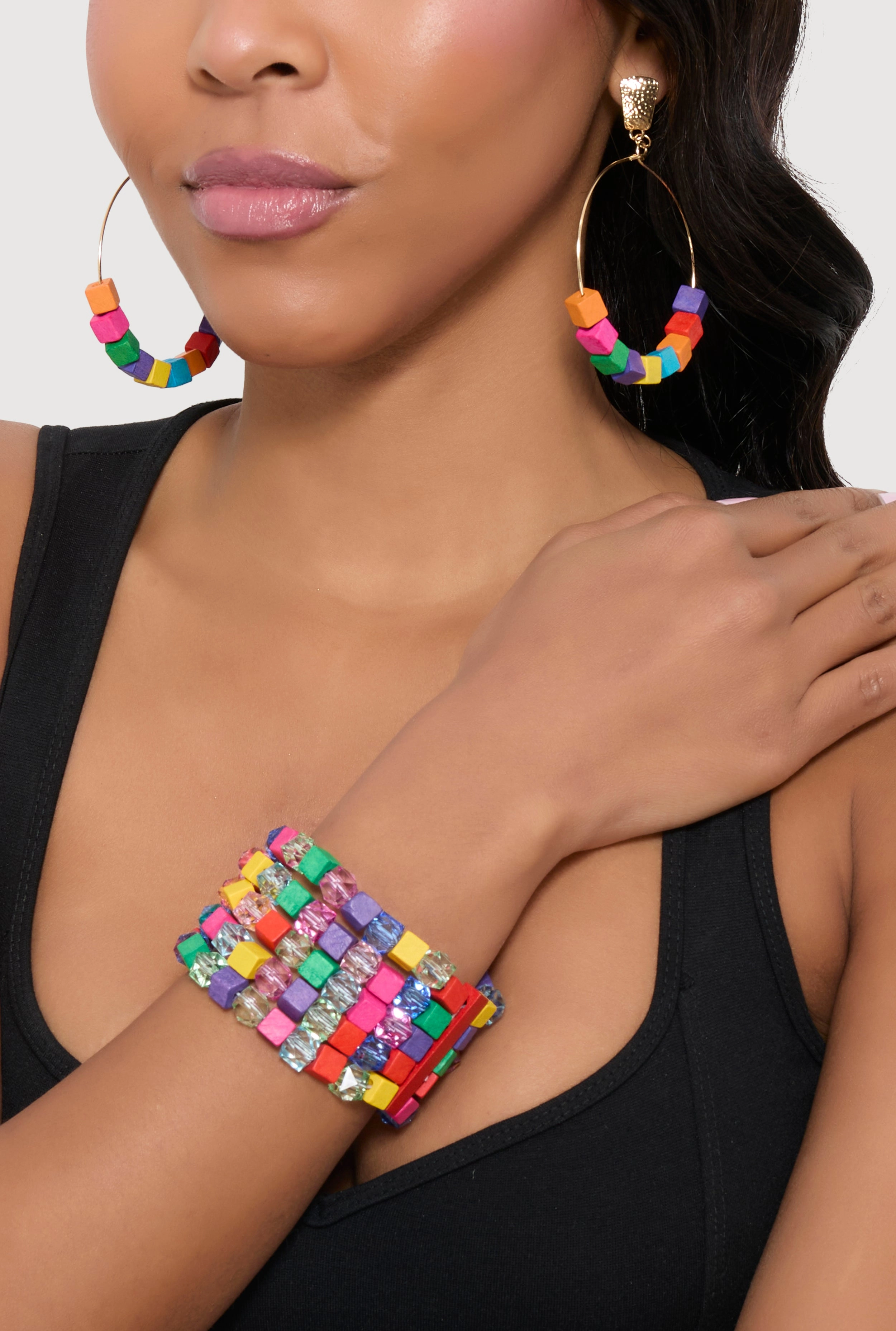 Beaded Layered Stretch Bracelet and Hoop Earrings