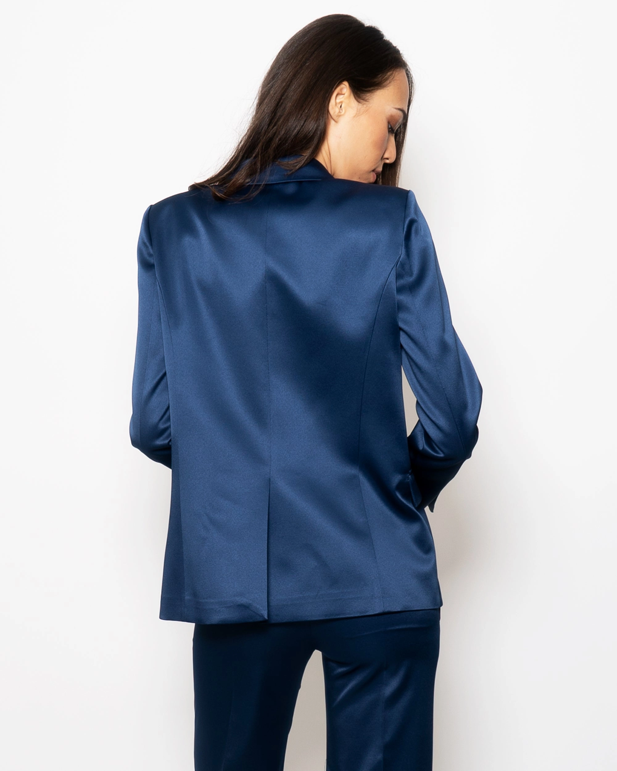 Double Breasted Blazer in Blue Satin