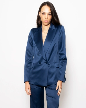 Double Breasted Blazer in Blue Satin