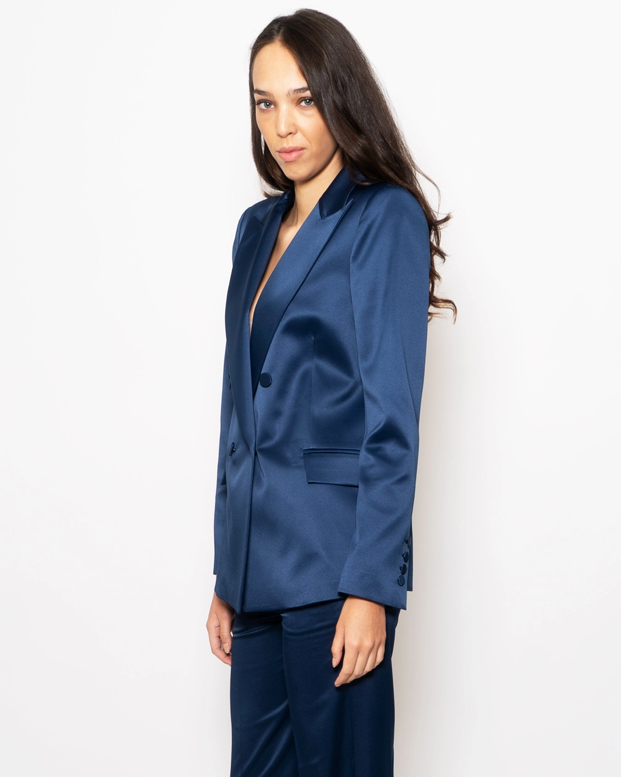 Double Breasted Blazer in Blue Satin