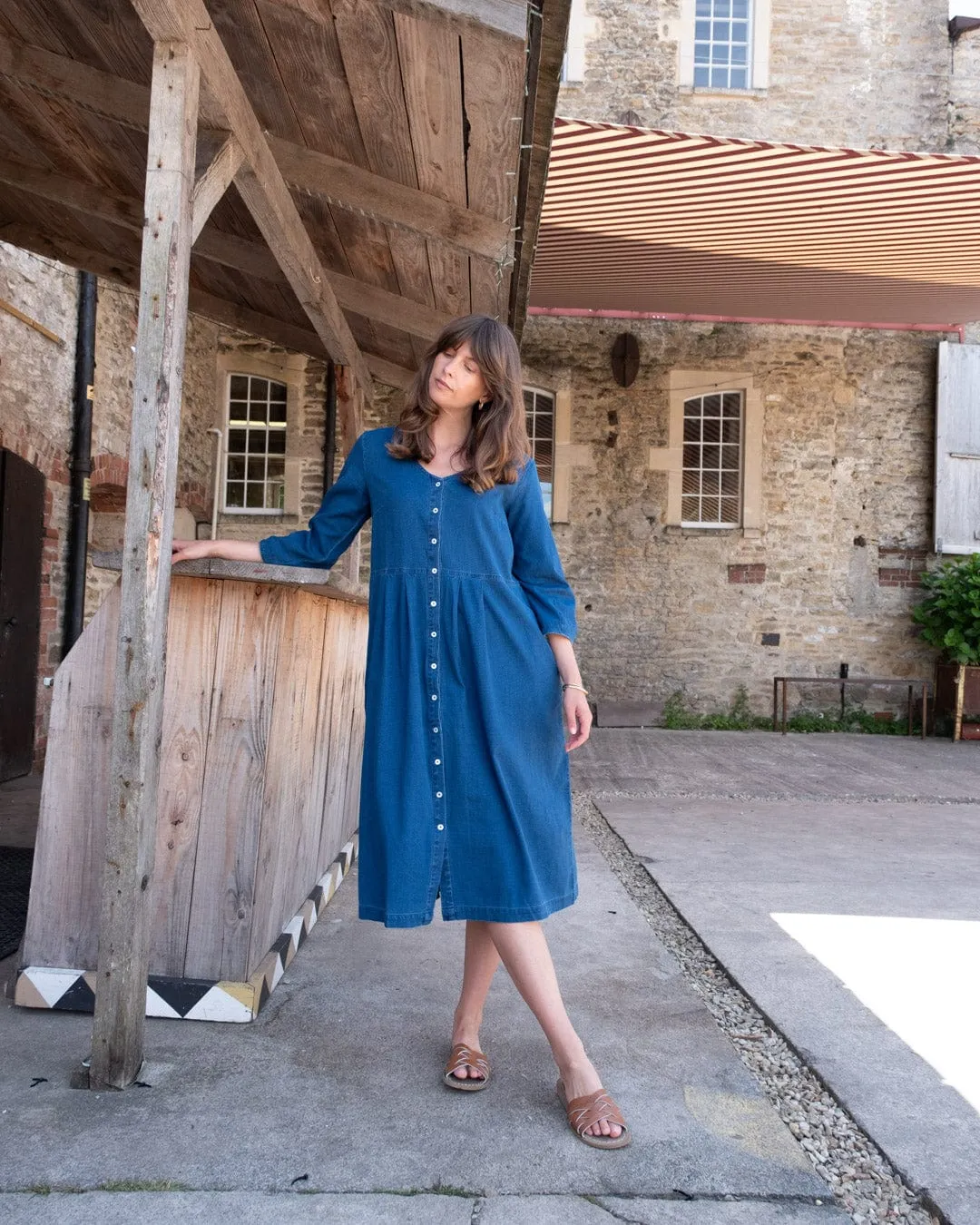 Jane Women's Cotton Midi Dress | Textured Denim