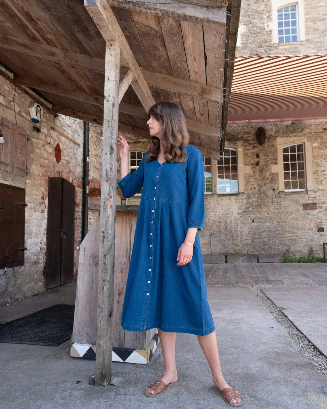 Jane Women's Cotton Midi Dress | Textured Denim