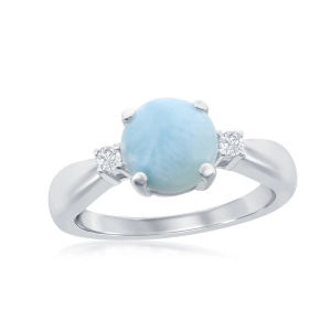 Sterling Silver 4 Prong Round Larimar with CZ Ring, Size 9