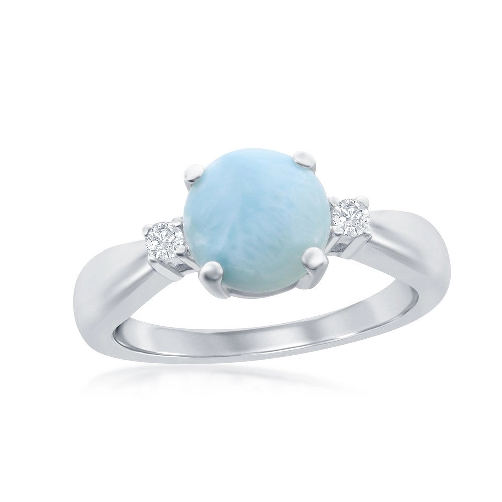 Sterling Silver 4 Prong Round Larimar with CZ Ring, Size 9