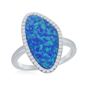 Sterling Silver Blue Opal Irregular Shape with CZ Ring - W-1909