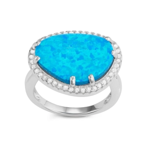 Sterling Silver Blue Opal Rounded Triangle CZ Ring - W-1567