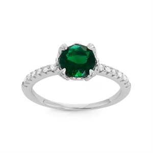 Sterling Silver Center Green Emerald with CZ Band Ring - W-1527