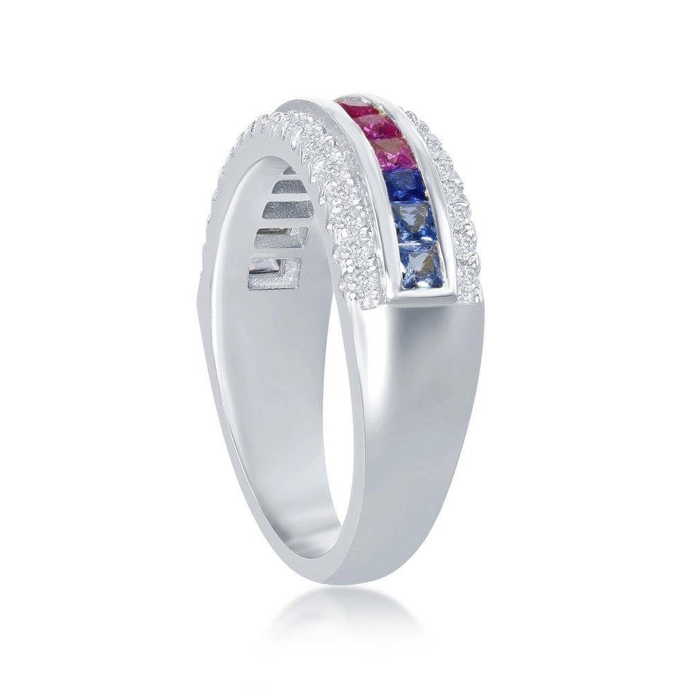 Sterling Silver Center Rainbow CZ with White CZ Ring - W-2128