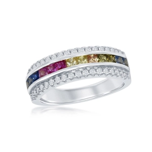 Sterling Silver Center Rainbow CZ with White CZ Ring - W-2128