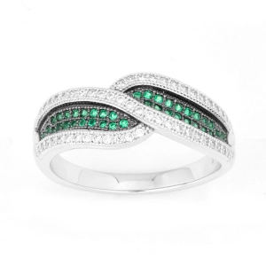 Sterling Silver Crossed Emerald and CZ Micro Pave Ring - W-9908