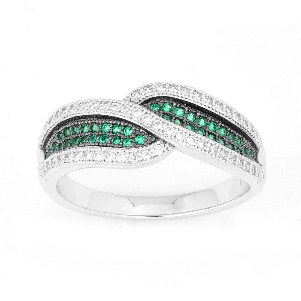 Sterling Silver Crossed Emerald and CZ Micro Pave Ring - W-9908
