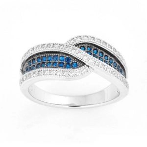 Sterling Silver Crossed Sapphire and White CZ Ring - W-9907