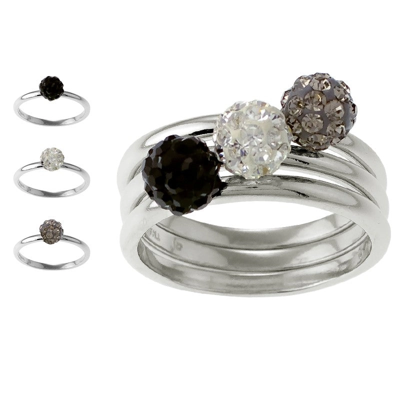 Sterling Silver Crystal Ball Ring, Set of 3 - W-9537