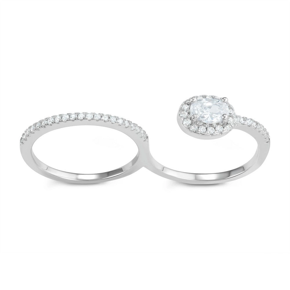 Sterling Silver CZ Band and Open Double Finger Ring - W-1607