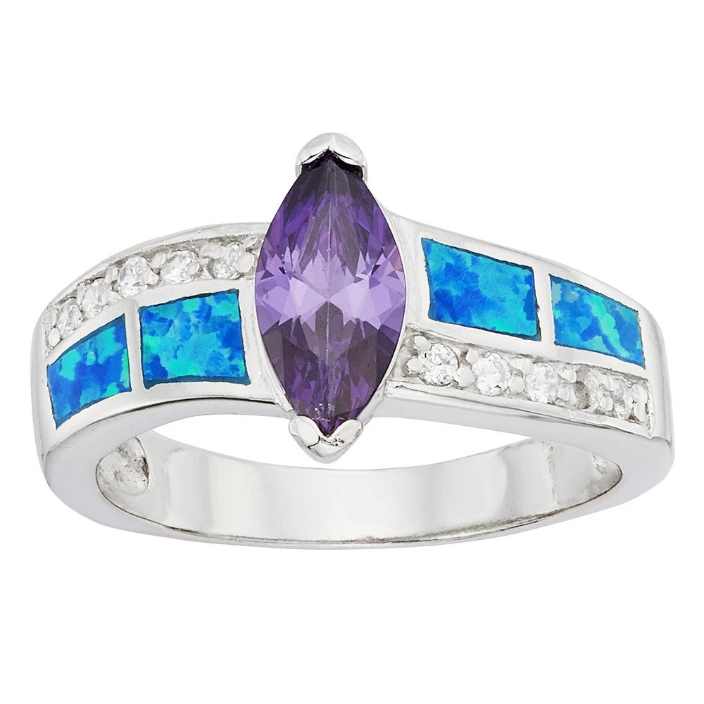 Sterling Silver CZ; Opal and Marquise Purple CZ Ring