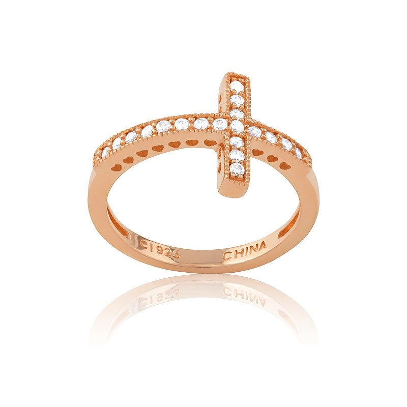 Sterling Silver CZ Rose GP Sideways Cross Ring - W-9649