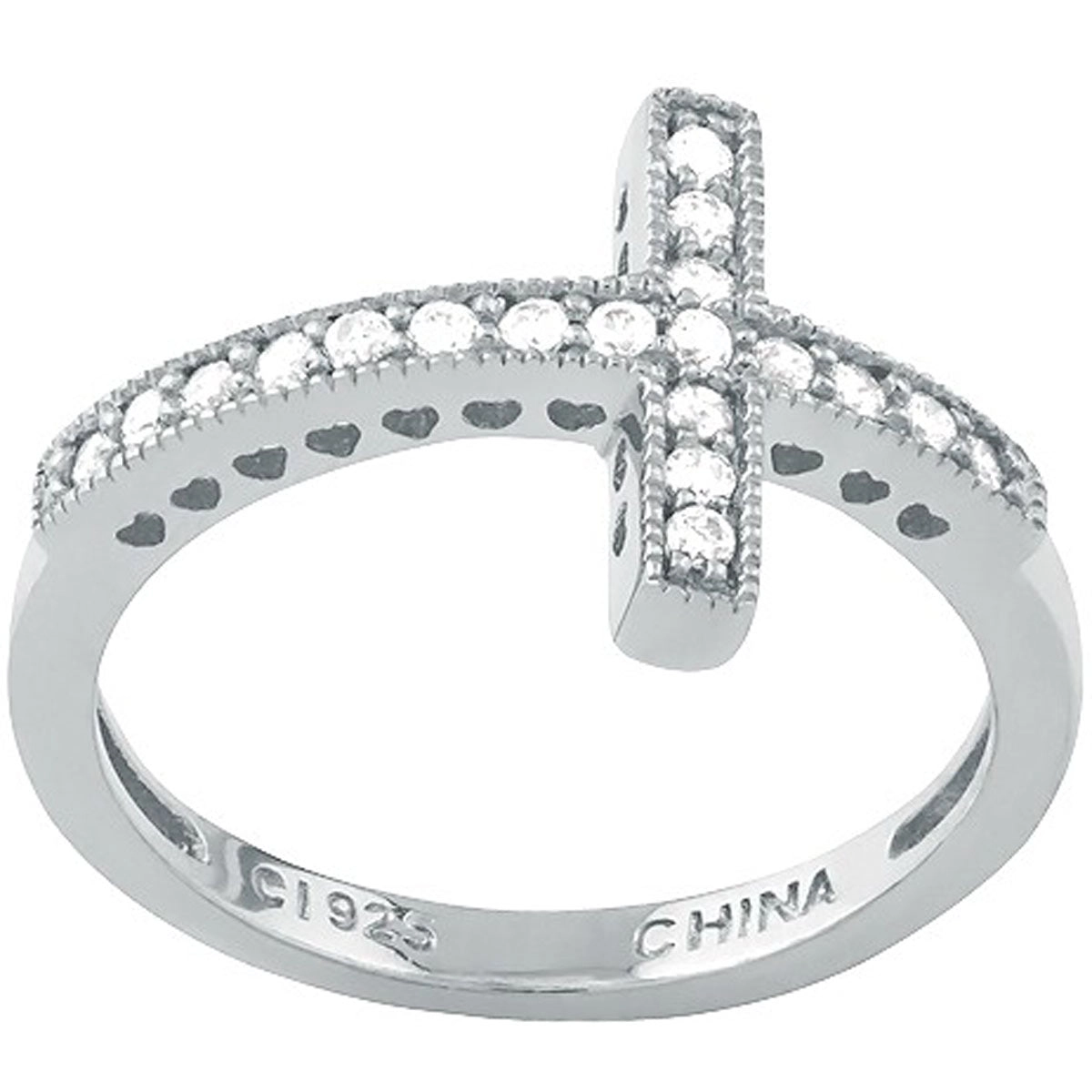 Sterling Silver CZ Sideways Cross Ring - W-9647