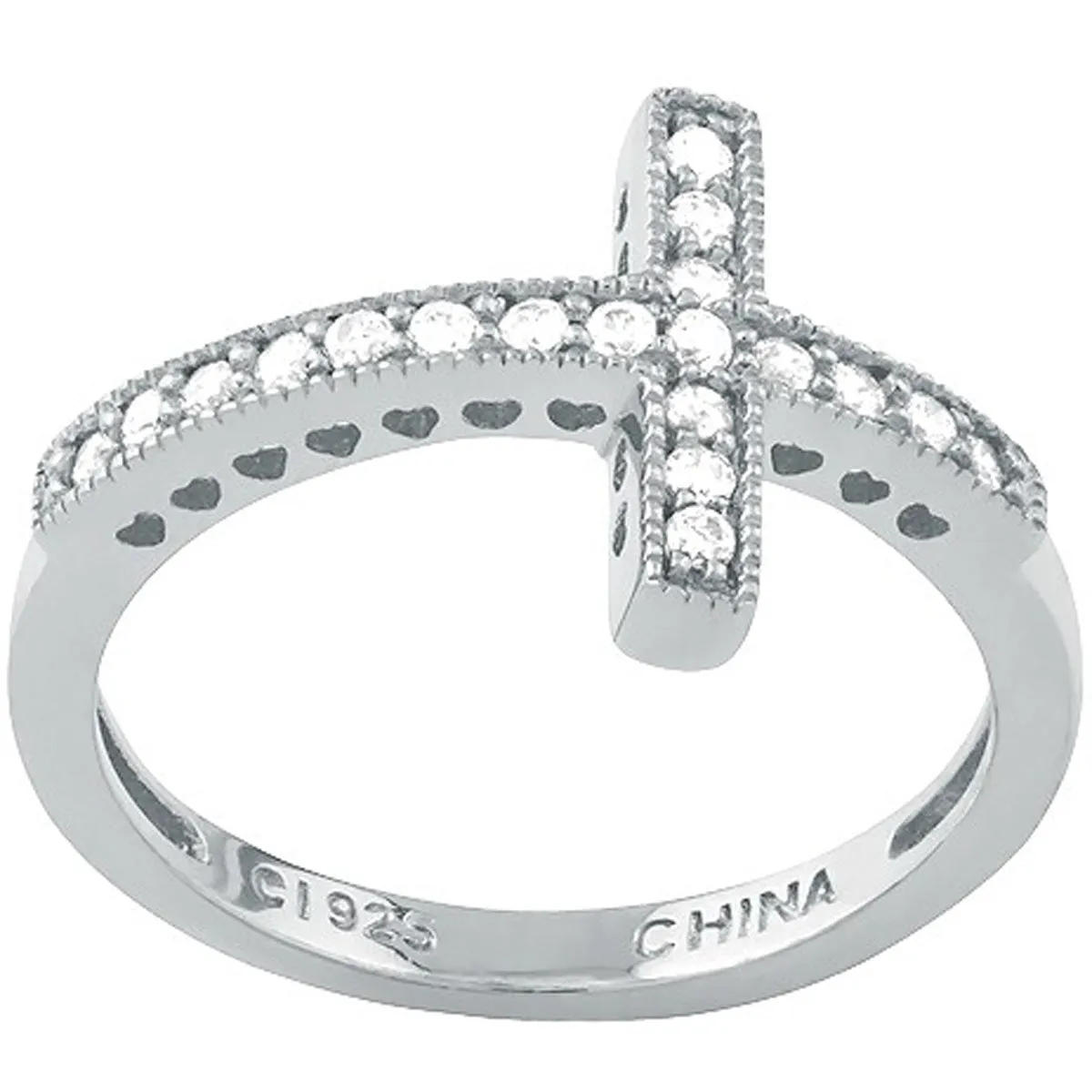 Sterling Silver CZ Sideways Cross Ring - W-9647