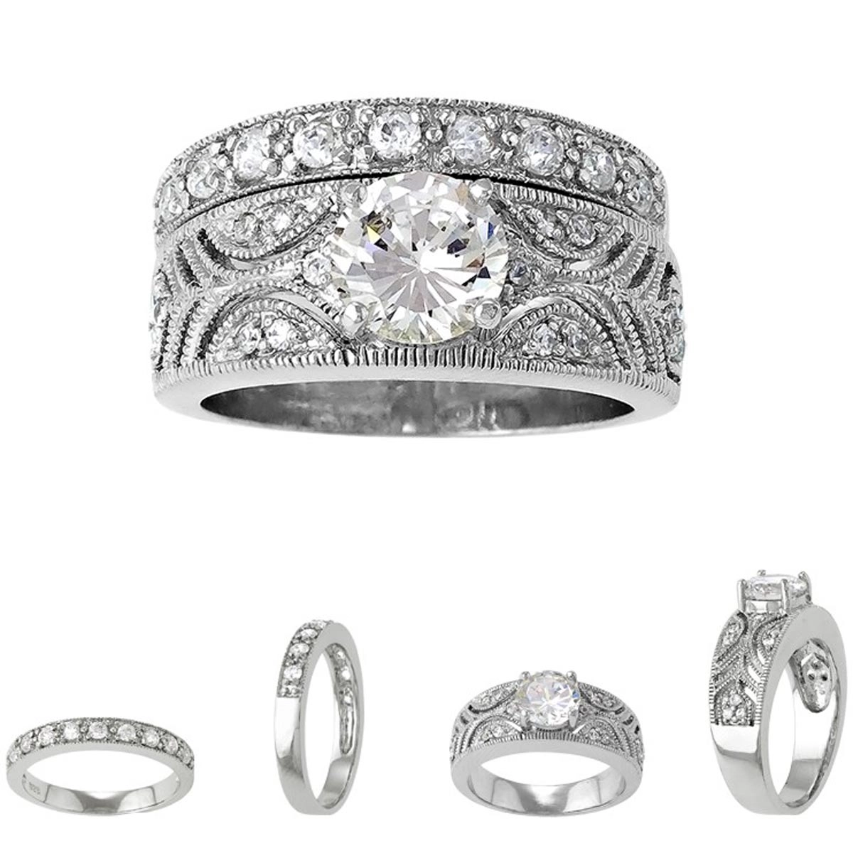 Sterling Silver Designed Clear CZ Ring Wedding Band - W-8035