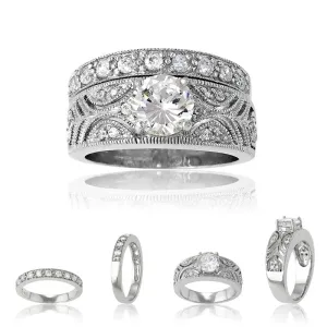 Sterling Silver Designed Clear CZ Ring Wedding Band - W-8035