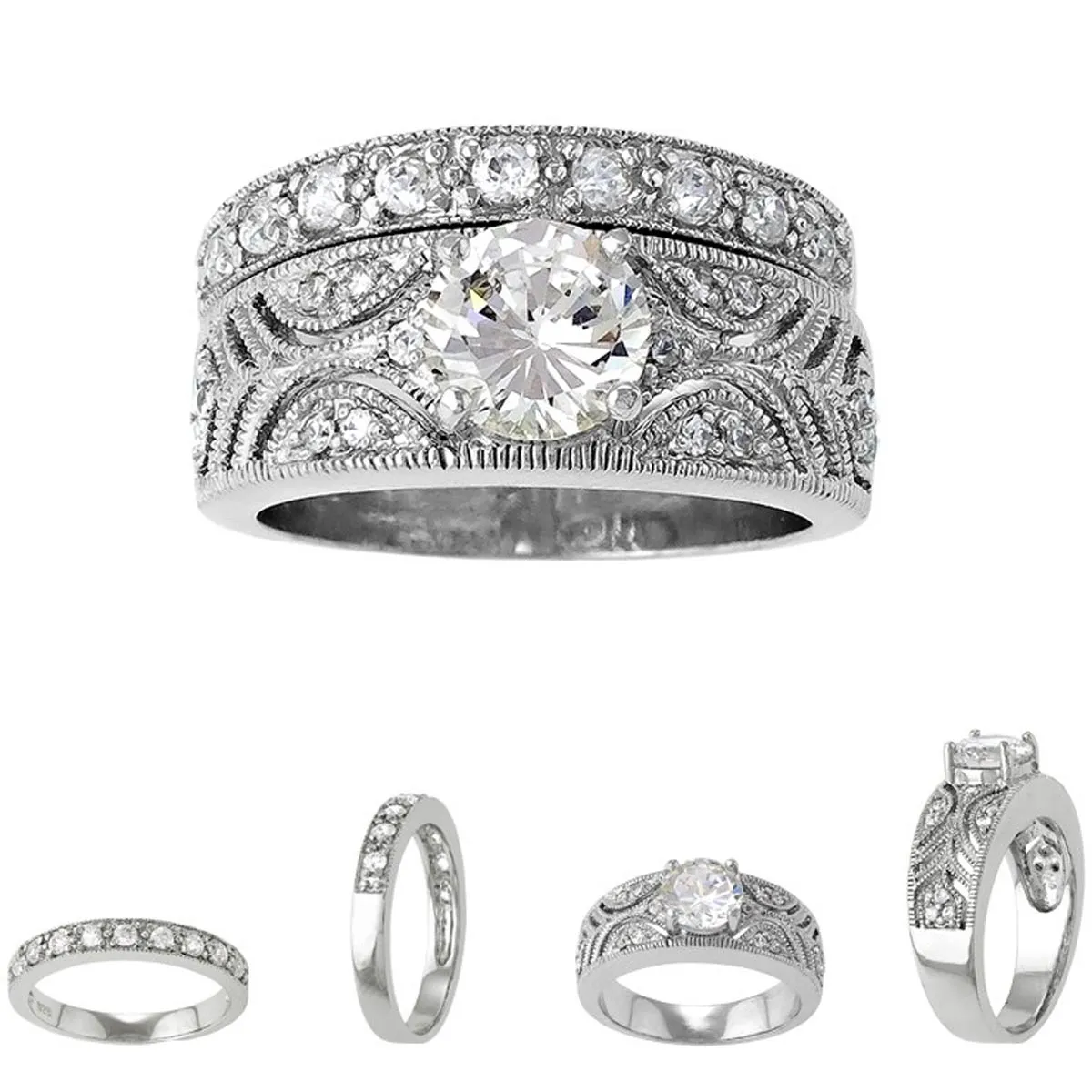 Sterling Silver Designed Clear CZ Ring Wedding Band - W-8035