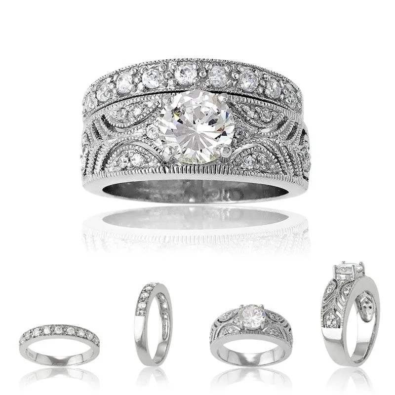 Sterling Silver Designed Clear CZ Ring Wedding Band - W-8035