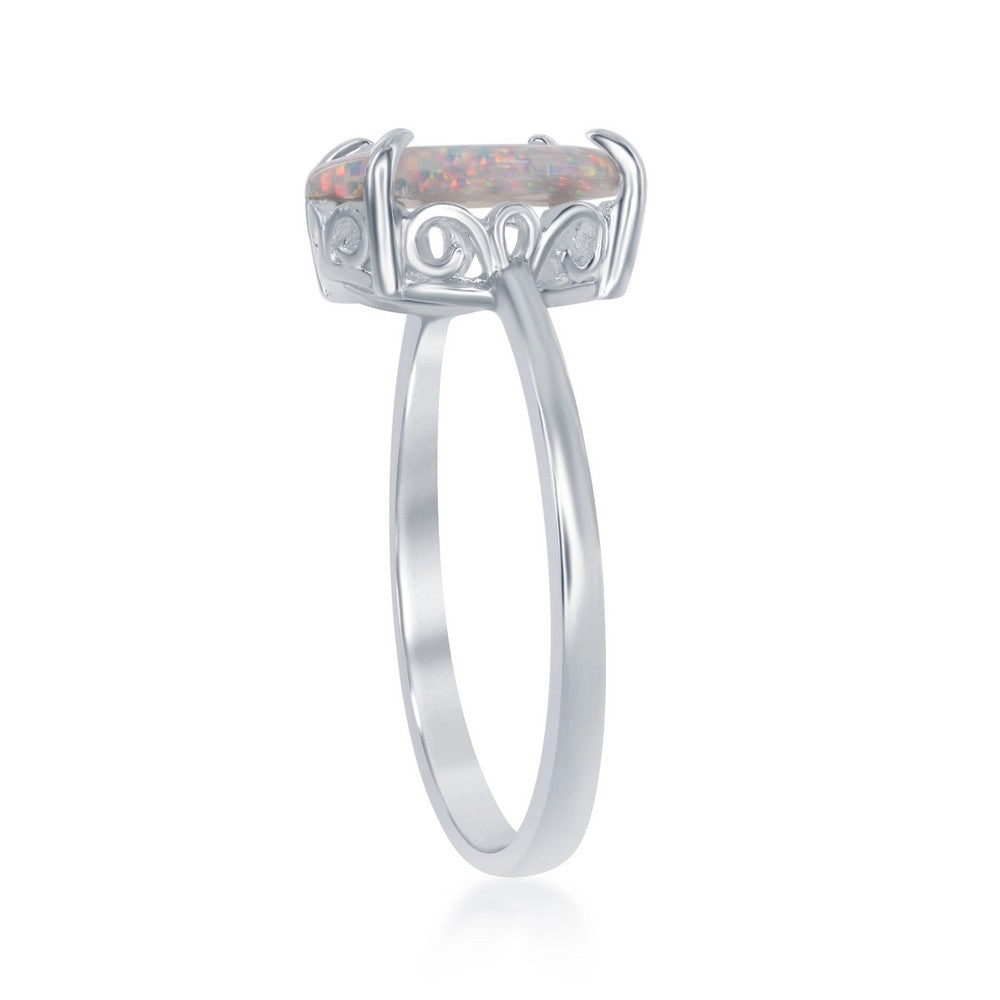 Sterling Silver Four-Prong White Inlay Opal Oval Ring - W-1850