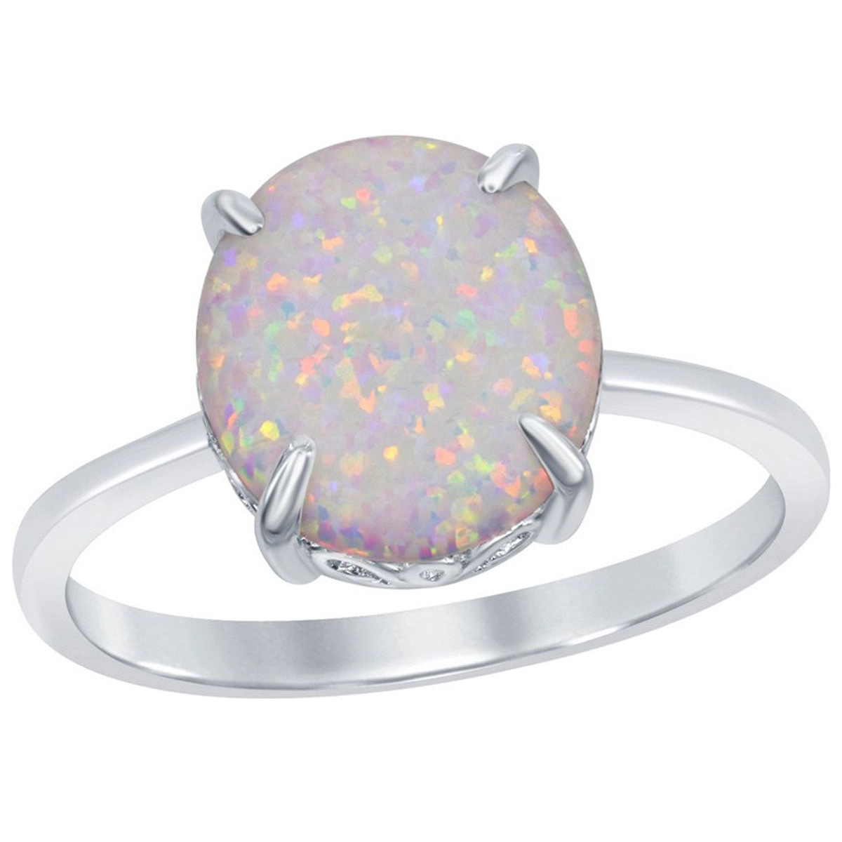Sterling Silver Four-Prong White Inlay Opal Oval Ring - W-1850