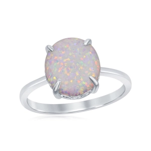 Sterling Silver Four-Prong White Inlay Opal Oval Ring - W-1850