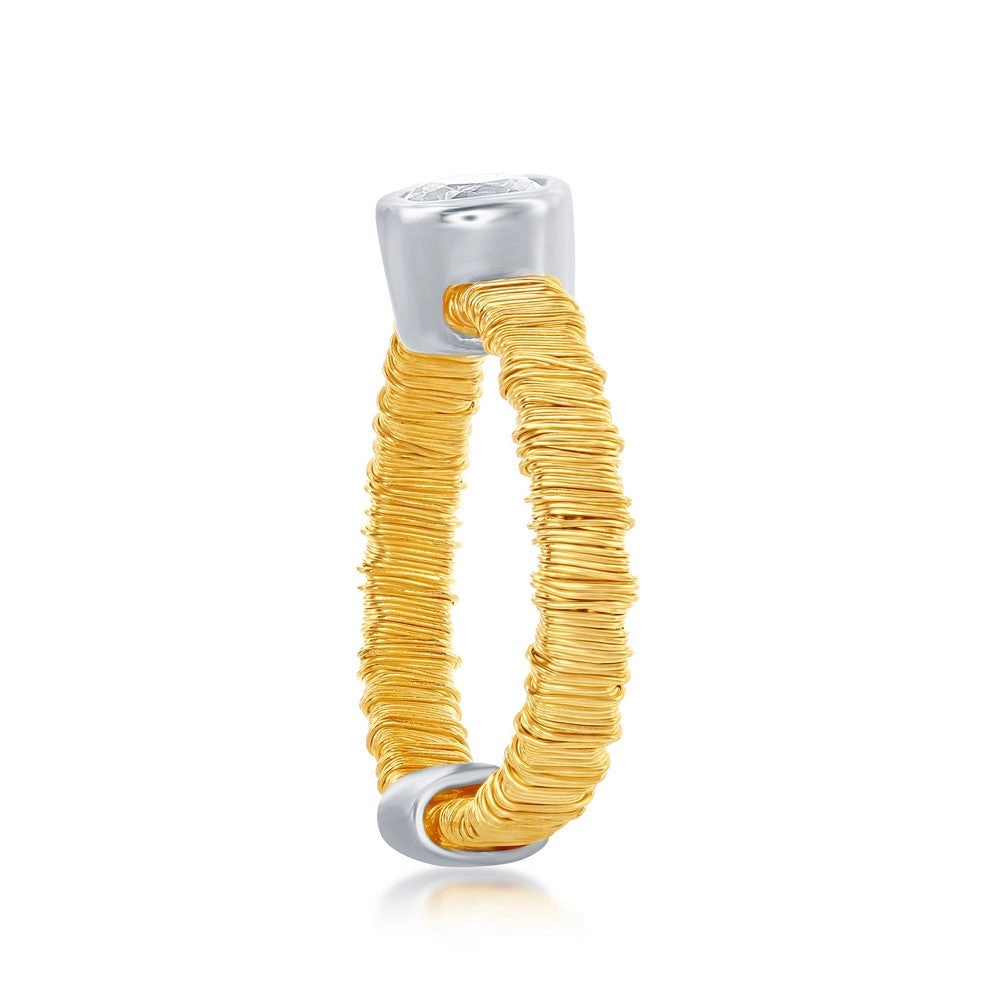 Sterling Silver Gold Threads Band with CZ Circle Ring - W-8957