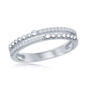 Sterling Silver Half Beaded and CZ Double Band Ring - W-2111