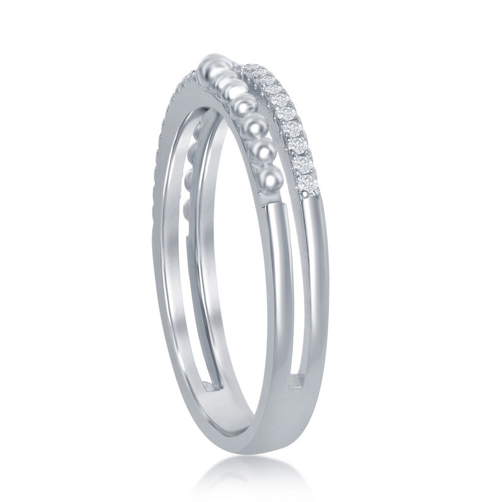 Sterling Silver Half Beaded and CZ Double Band Ring - W-2111