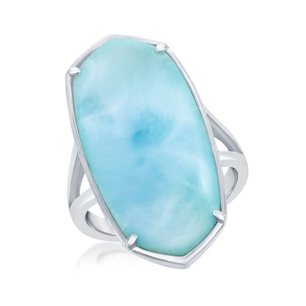 Sterling Silver Long Hexagon Larimar Ring, Size 9
