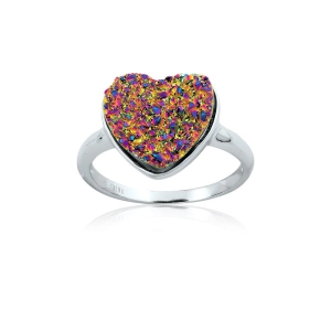 Sterling Silver Multi Colored Heart Druzy Ring - W-9751