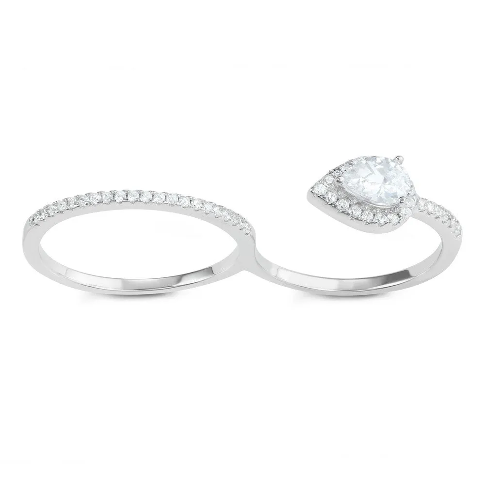 Sterling Silver Open Teardrop Double Finger Ring - W-1608