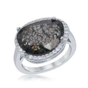 Sterling Silver Oval Black Ice with CZ Border Ring - W-1772
