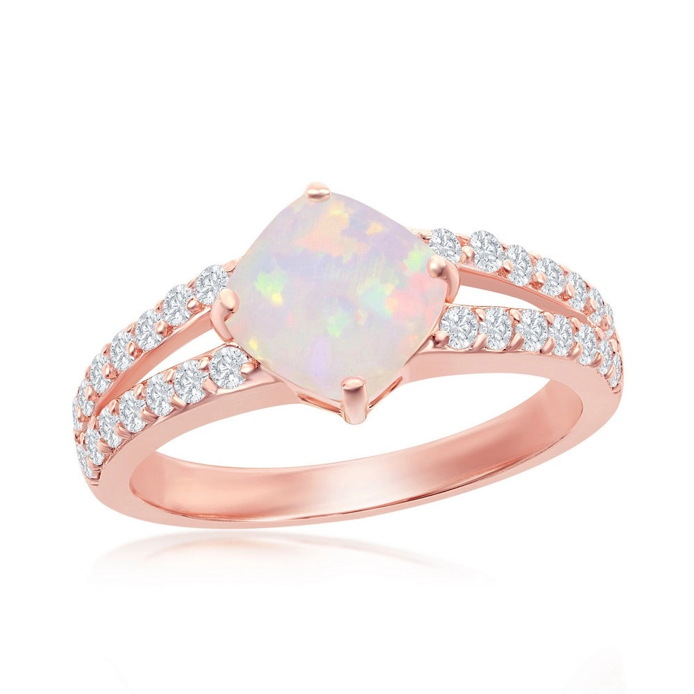 Sterling Silver Rose GP Diamond-Shaped Opal CZ Ring - W-2261