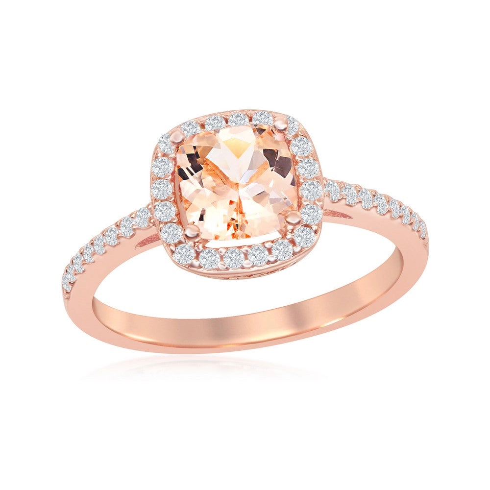 Sterling Silver Rose GP Square Morganite CZ Ring - W-1936