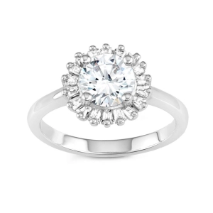 Sterling Silver Round CZ with Baguette Border Ring - W-1395